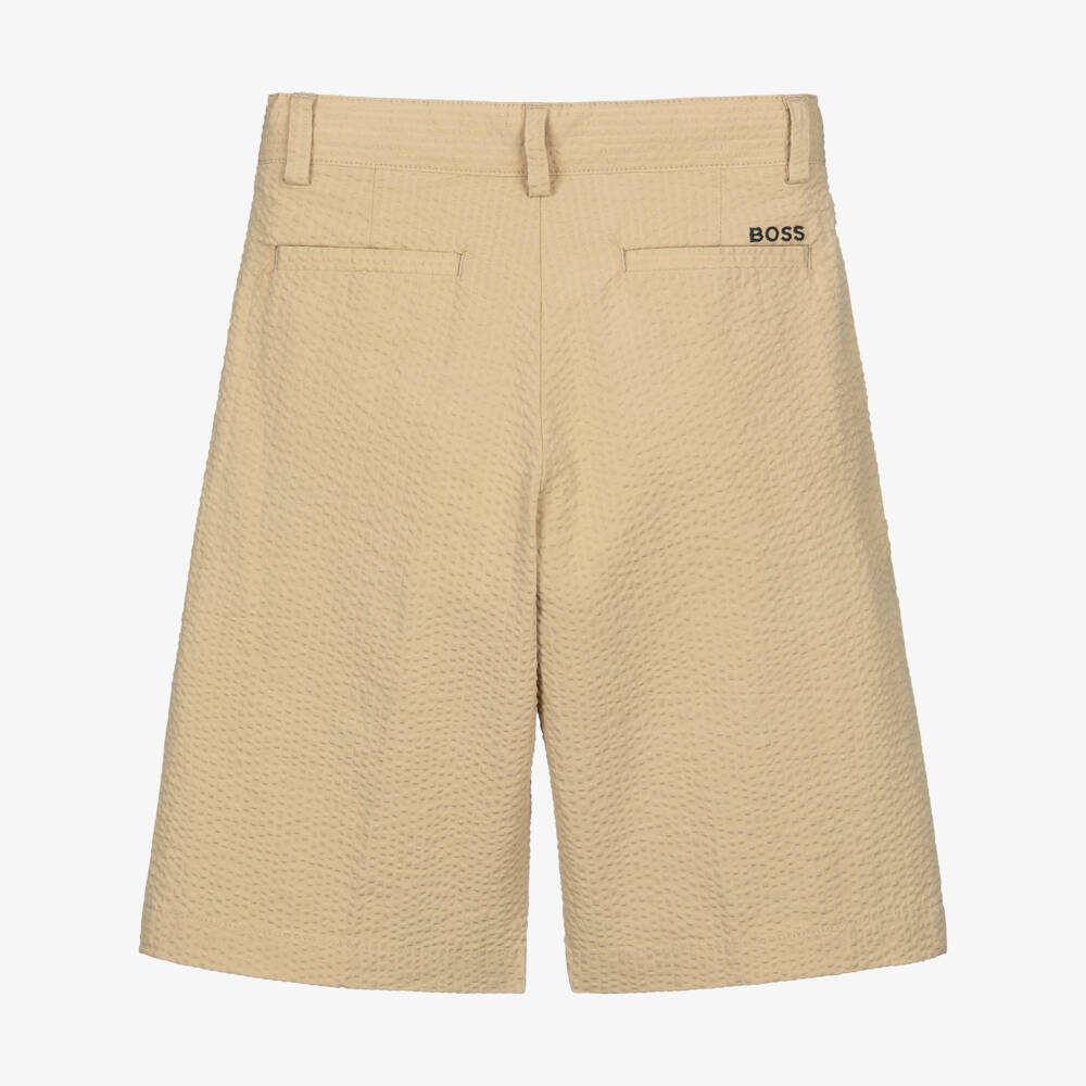 BOSS-Boys Beige Seersucker Bermuda Shorts with Embroidered Logo | Childrensalon