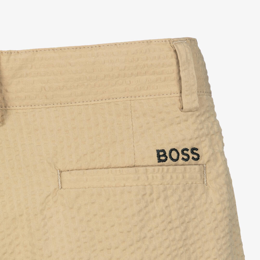 BOSS-Boys Beige Seersucker Bermuda Shorts with Embroidered Logo | Childrensalon