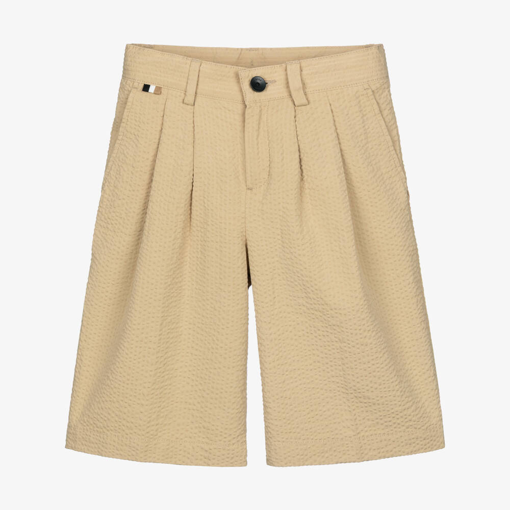 BOSS-Boys Beige Seersucker Bermuda Shorts with Embroidered Logo | Childrensalon