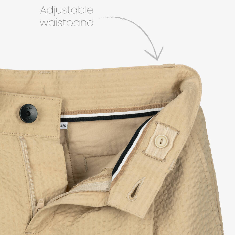 BOSS-Boys Beige Seersucker Bermuda Shorts with Embroidered Logo | Childrensalon