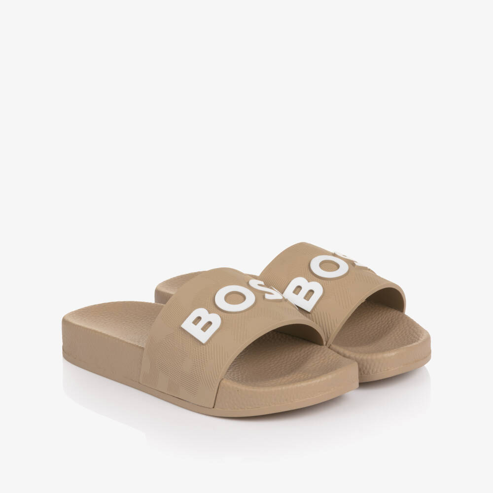 BOSS-Boys Beige Sliders with White Logo | Childrensalon