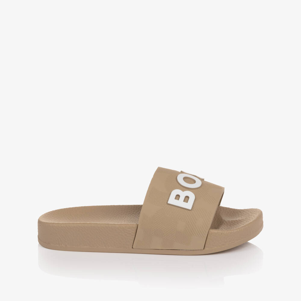 BOSS-Boys Beige Sliders with White Logo | Childrensalon