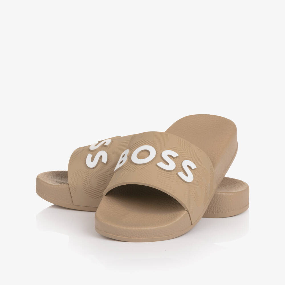 BOSS-Boys Beige Sliders with White Logo | Childrensalon