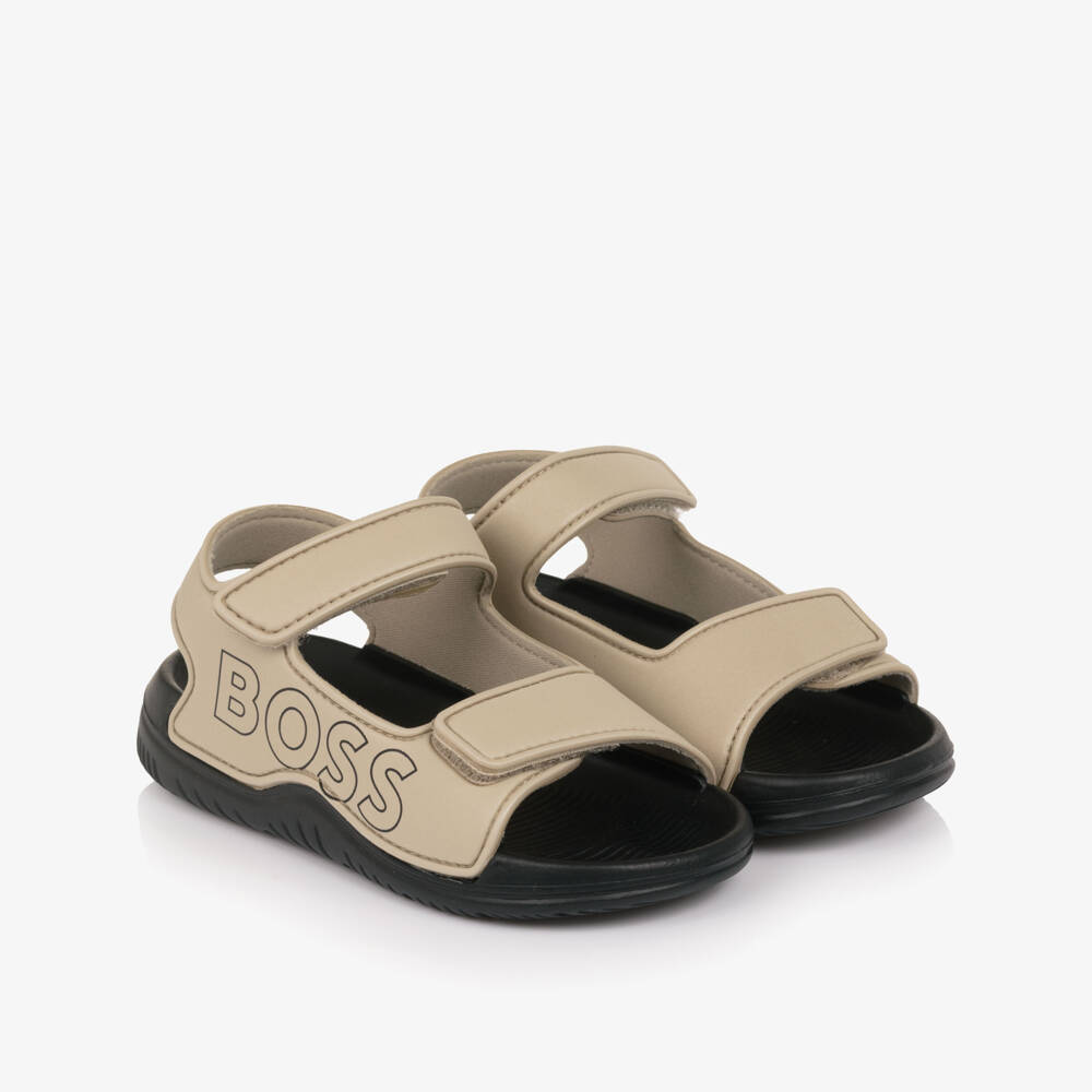 BOSS-Boys Beige Velcro Sandals with Logo | Childrensalon