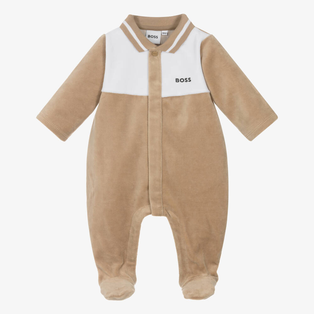 BOSS-Boys Beige Velour Babygrow with Ribbed Collar | Childrensalon