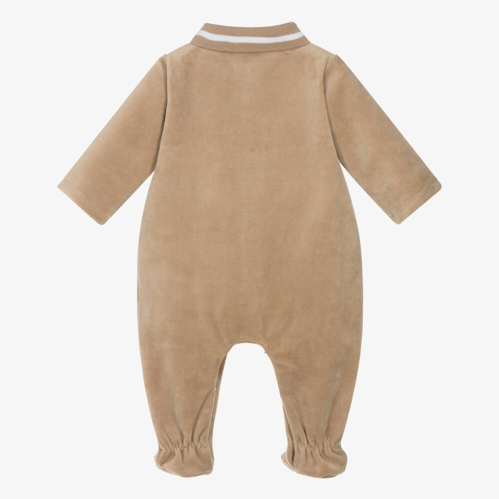 BOSS-Boys Beige Velour Babygrow with Ribbed Collar | Childrensalon