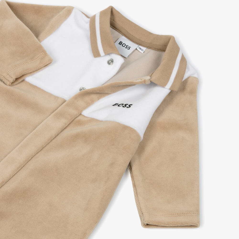 BOSS-Boys Beige Velour Babygrow with Ribbed Collar | Childrensalon