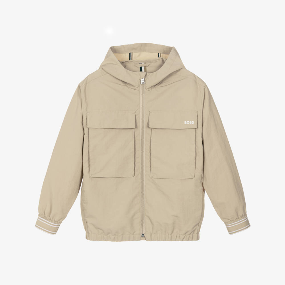 BOSS-Boys Beige Water-Repellent Hooded Windbreaker Jacket | Childrensalon