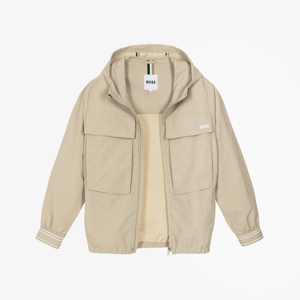 BOSS-Boys Beige Water-Repellent Hooded Windbreaker Jacket | Childrensalon