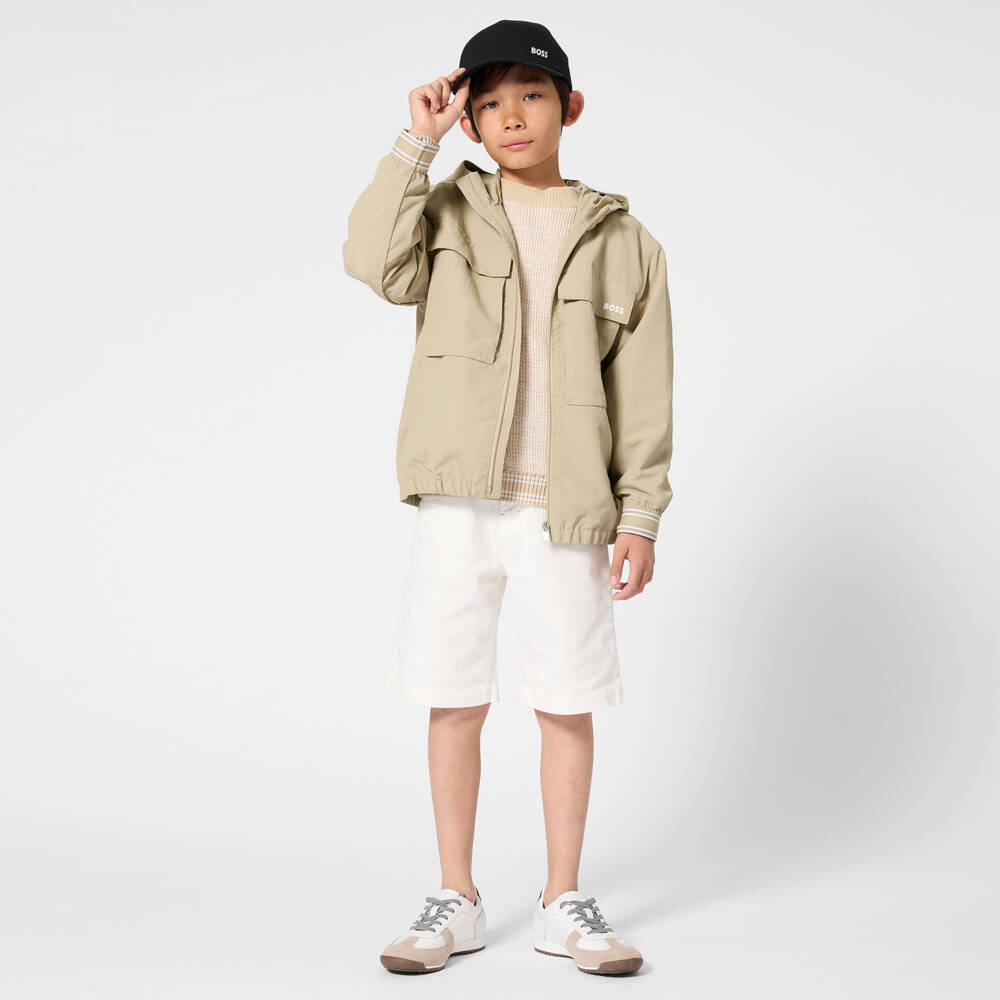 BOSS-Boys Beige Water-Repellent Hooded Windbreaker Jacket | Childrensalon