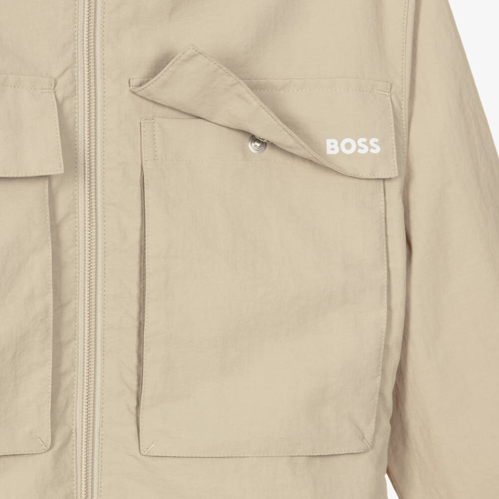 BOSS-Boys Beige Water-Repellent Hooded Windbreaker Jacket | Childrensalon