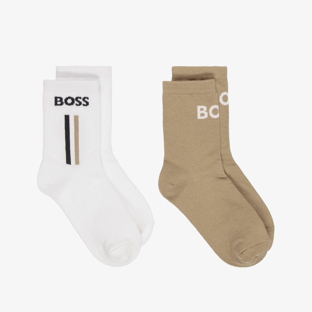 BOSS-Boys Beige & White Socks with Logos (2 Pack) | Childrensalon