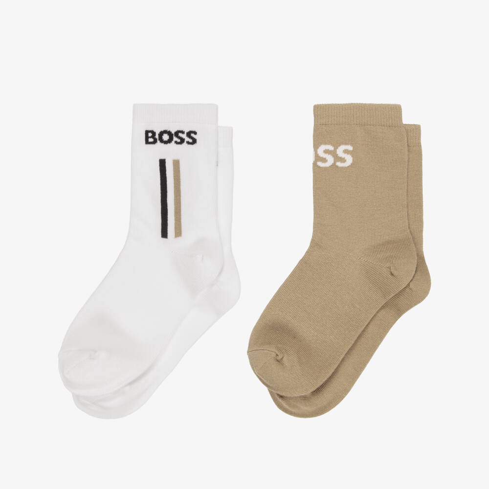 BOSS-Boys Beige & White Socks with Logos (2 Pack) | Childrensalon