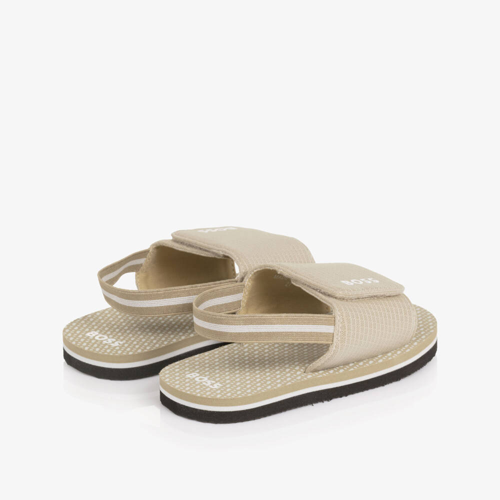 BOSS-Boys Beige Wide Velcro Strap Logo Sandals | Childrensalon