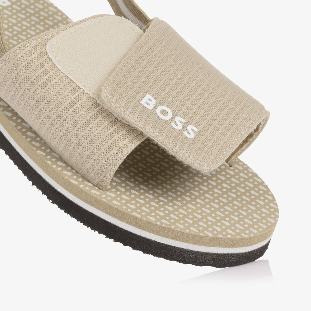 BOSS-Boys Beige Wide Velcro Strap Logo Sandals | Childrensalon