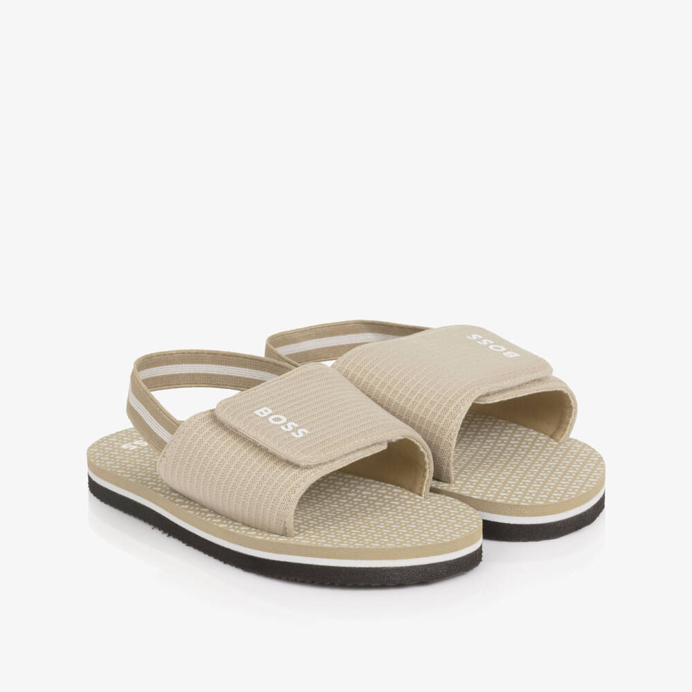 BOSS-Boys Beige Wide Velcro Strap Logo Sandals | Childrensalon