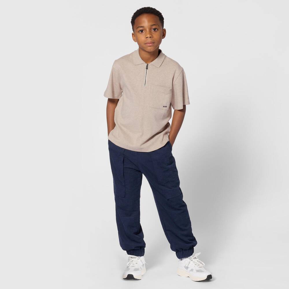 BOSS-Boys Beige Zip Front Polo Shirt | Childrensalon