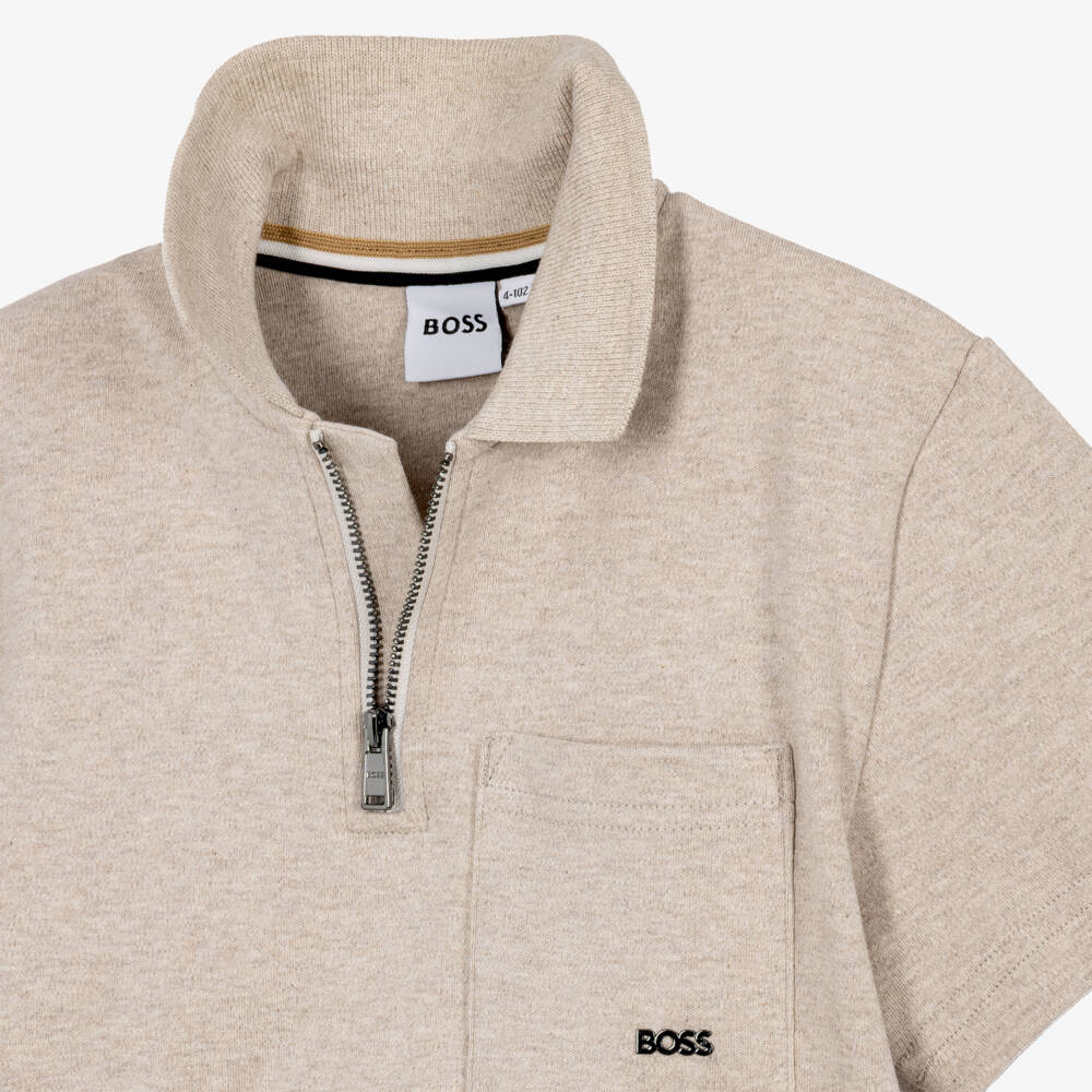 BOSS-Boys Beige Zip Front Polo Shirt | Childrensalon