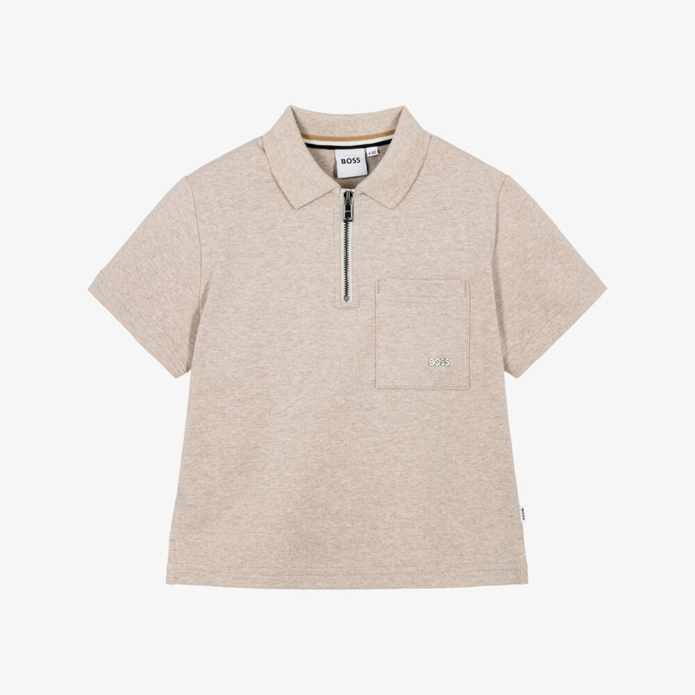 BOSS-Boys Beige Zip Front Polo Shirt | Childrensalon