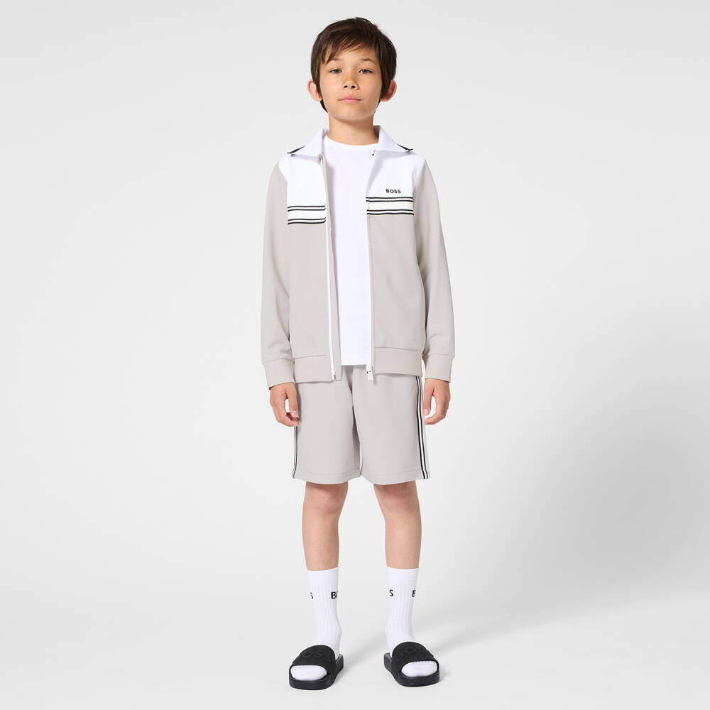 BOSS-Boys Beige Zip-Up Top with Ribbed Collar | Childrensalon