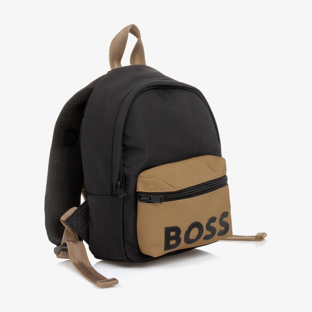 BOSS-Boys Black & Beige Canvas Mini Backpack (27cm) | Childrensalon