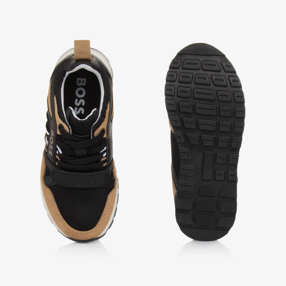 BOSS-Boys Black & Beige Leather & Canvas Trainers | Childrensalon