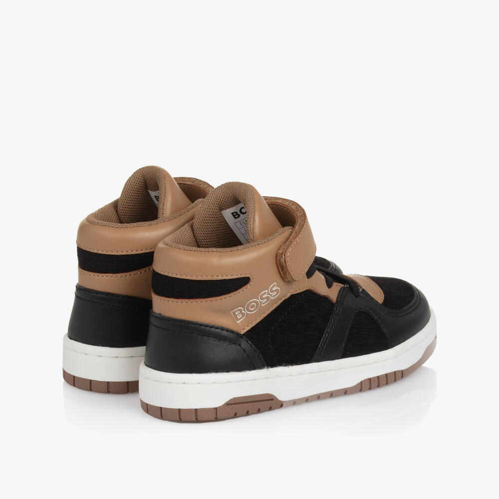 BOSS-Boys Black & Beige Leather High-Top Trainers | Childrensalon