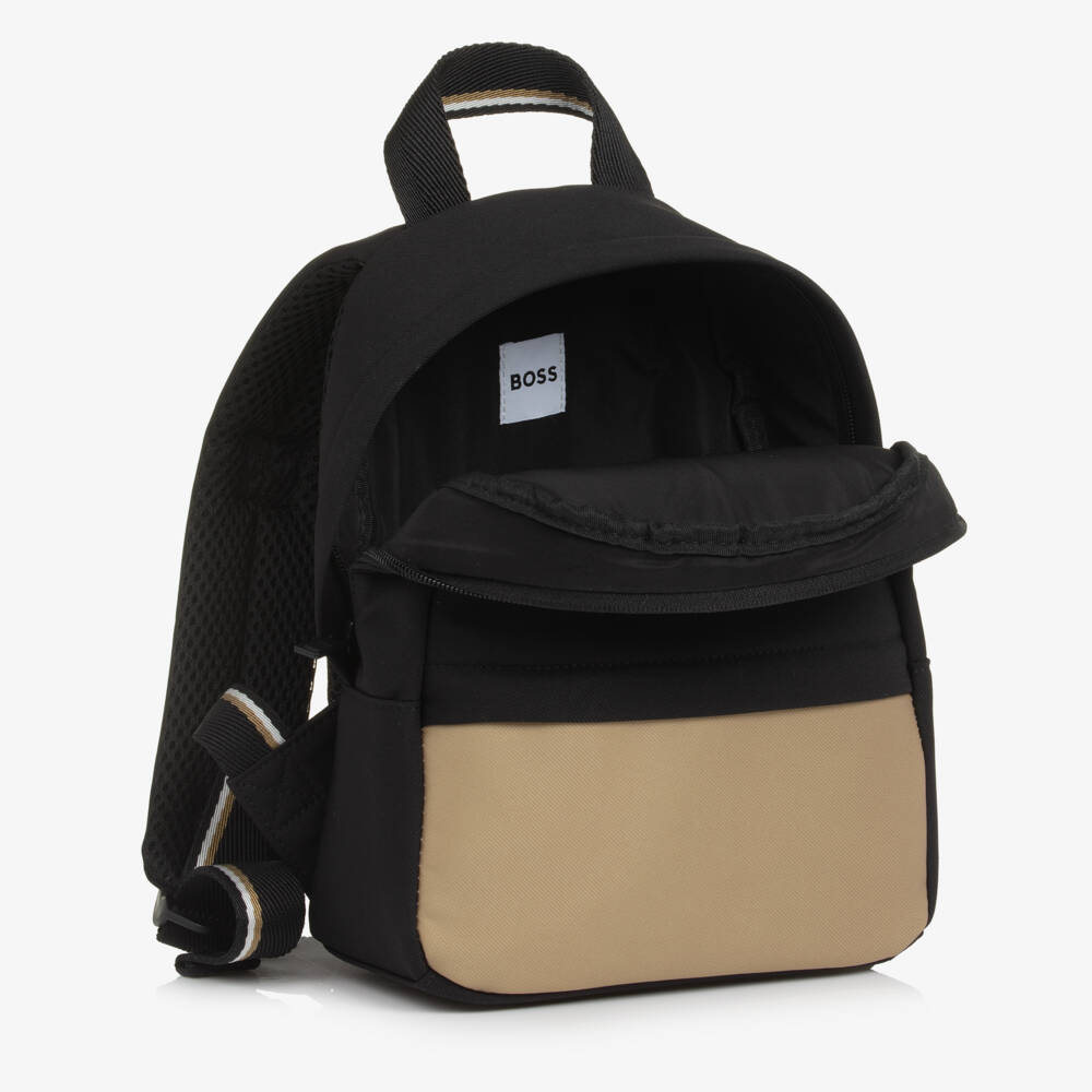 BOSS-Boys Black & Beige Logo Mini Backpack (27cm) | Childrensalon