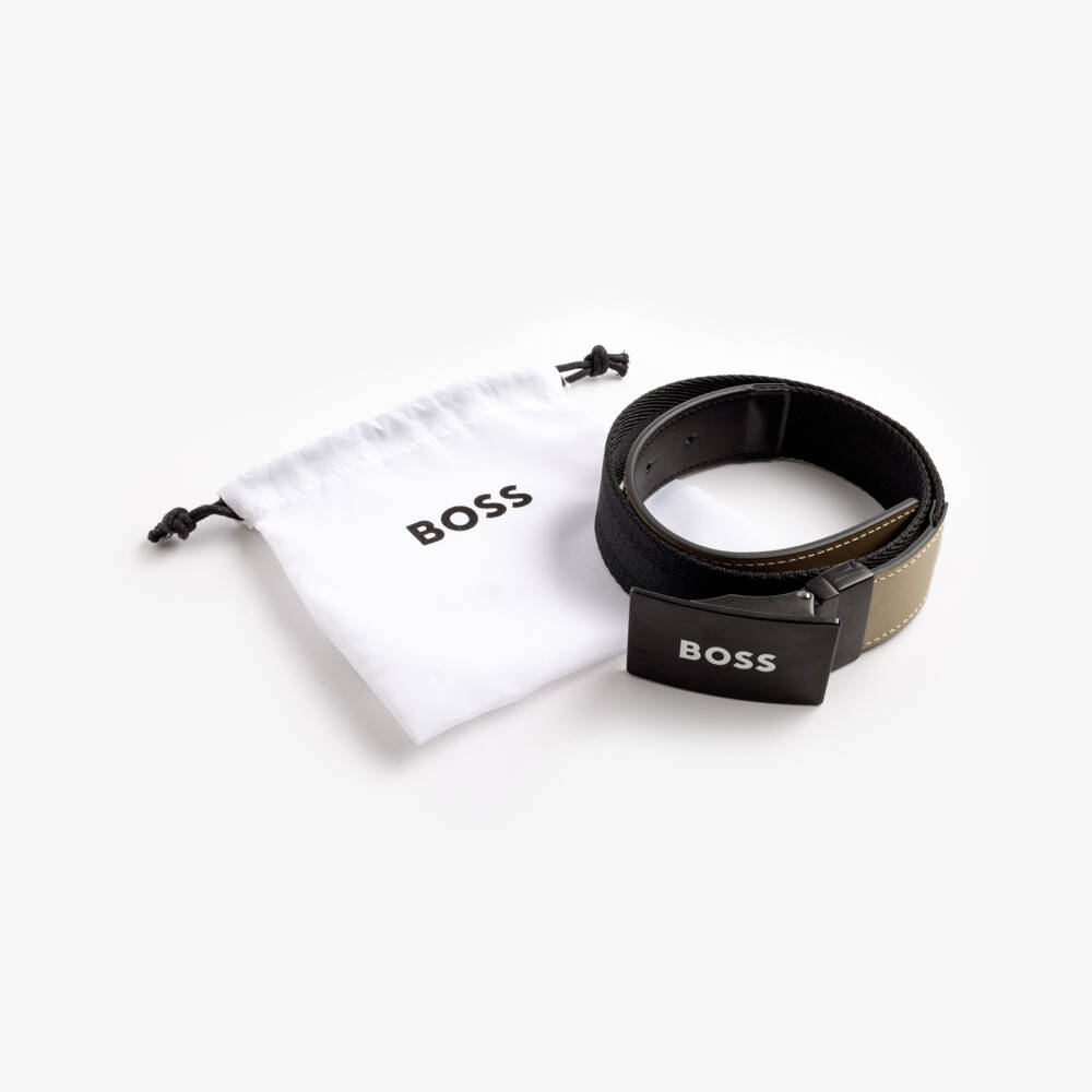 BOSS-Boys Black & Beige Reversible Woven Belt with Leather Trim | Childrensalon