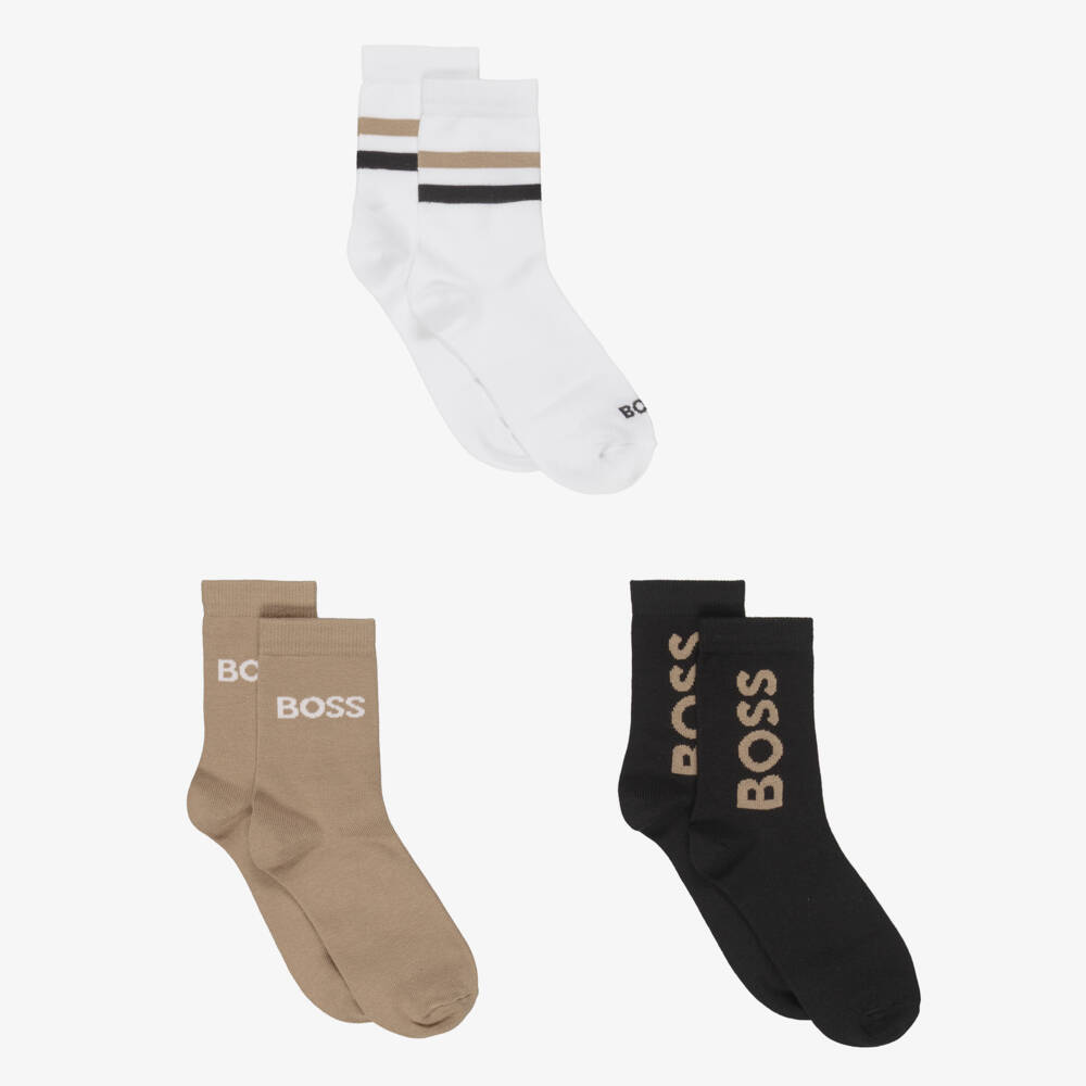 BOSS-Boys Black, Beige & White Knitted Ankle Socks (3 Pack) | Childrensalon