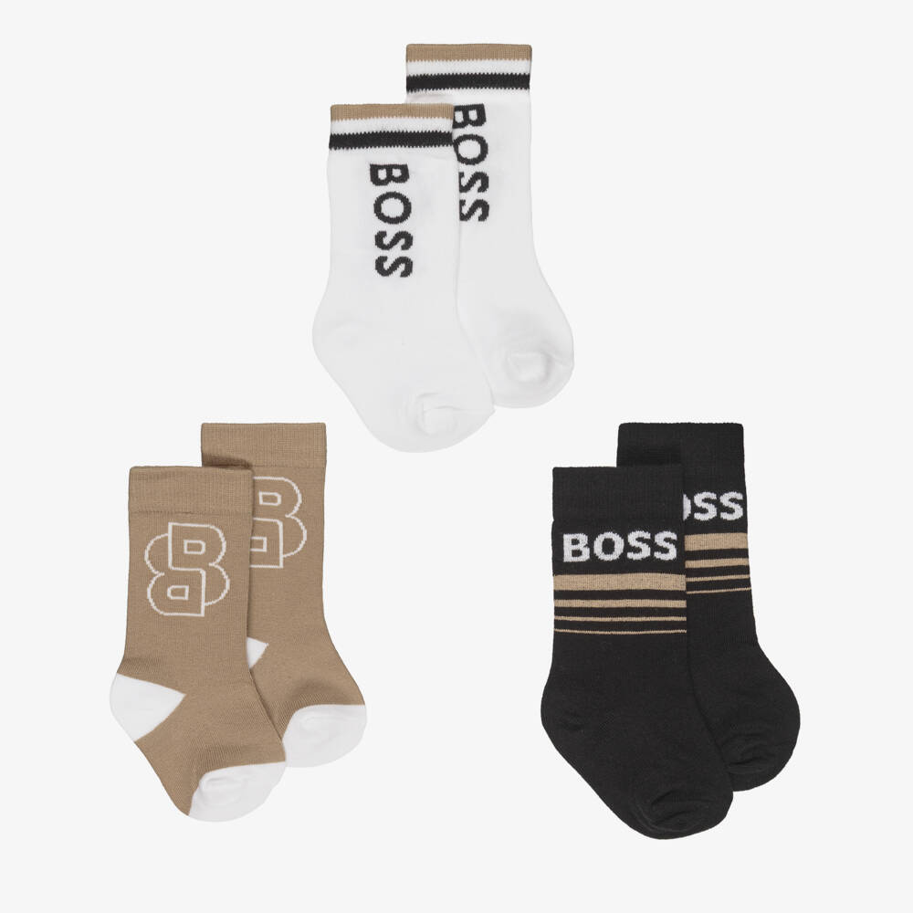 BOSS-Boys Black, Beige & White Knitted Ankle Socks (3 Pack) | Childrensalon