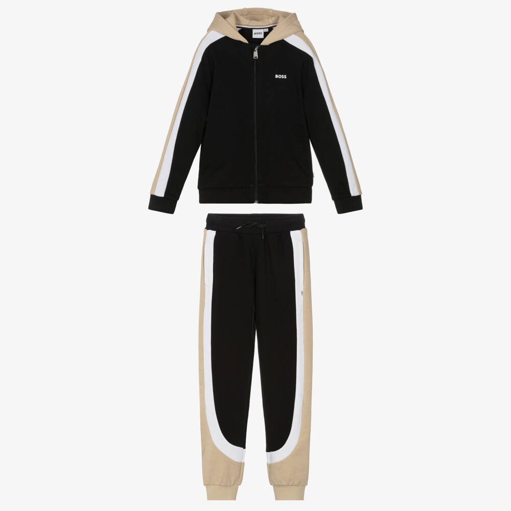 BOSS-بدلة رياضية بسحاب قطن لون أسود للأولاد | Childrensalon