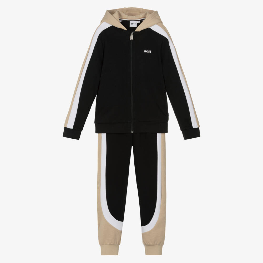 BOSS-Boys Black Colourblock Cotton Zip-Up Tracksuit | Childrensalon