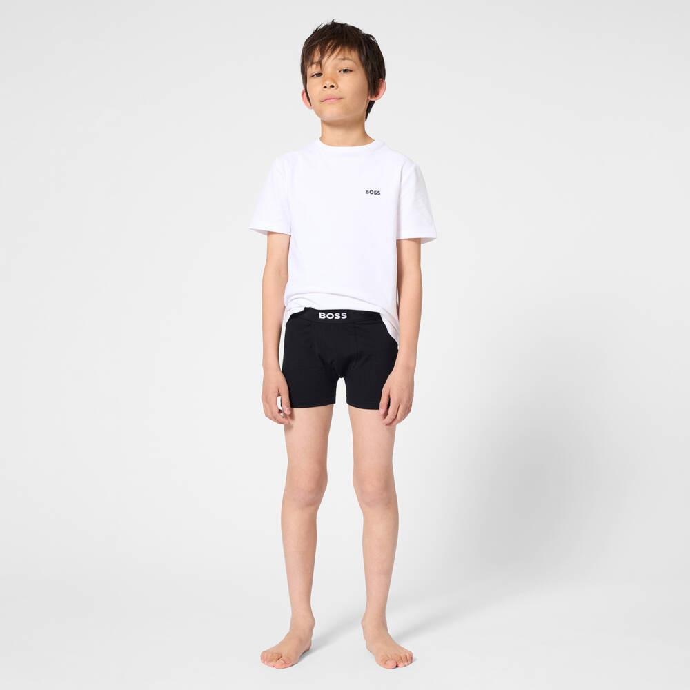 BOSS-Boys Black Cotton Boxer Shorts with Logo Waistband (2 Pack) | Childrensalon