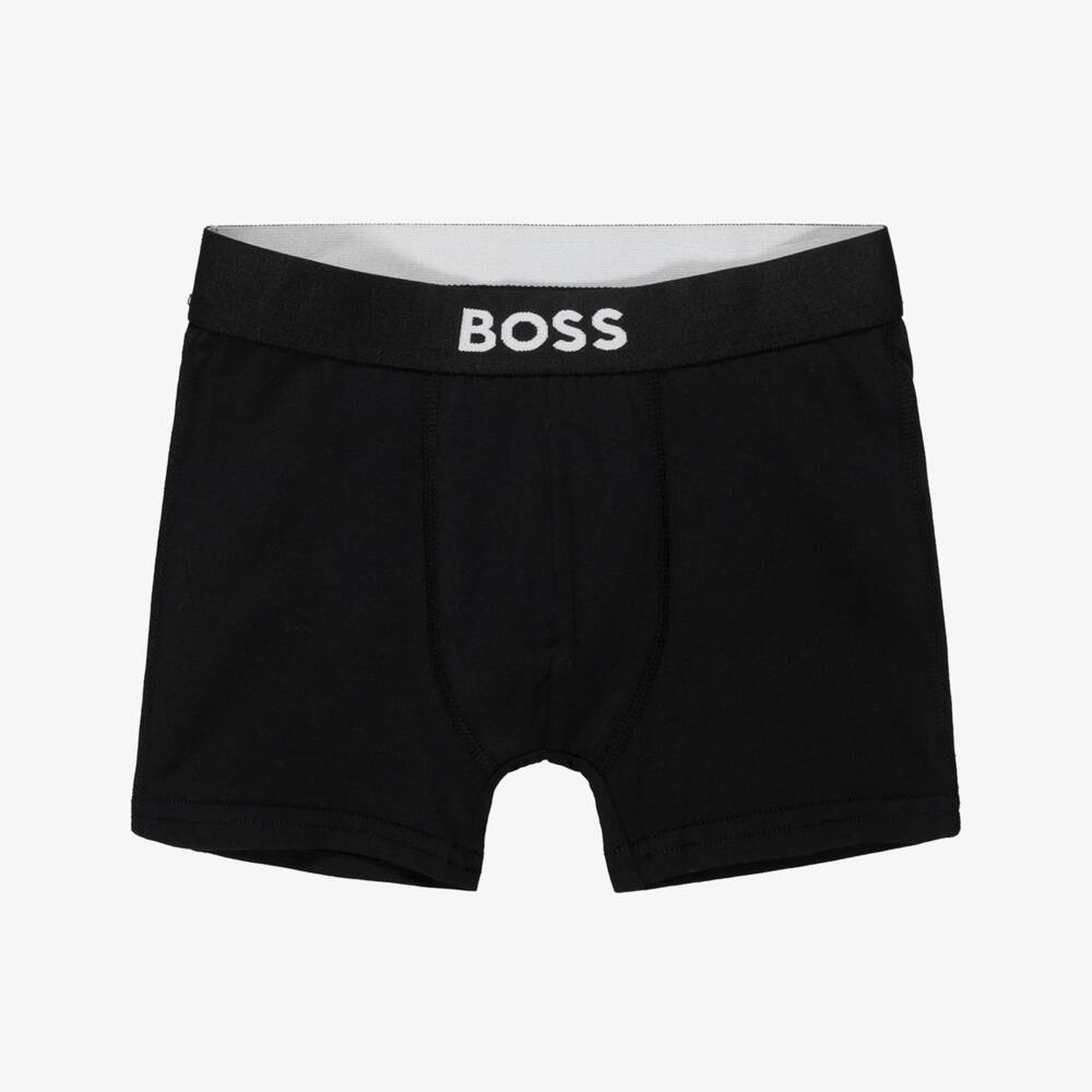 BOSS-Boys Black Cotton Boxer Shorts with Logo Waistband (2 Pack) | Childrensalon