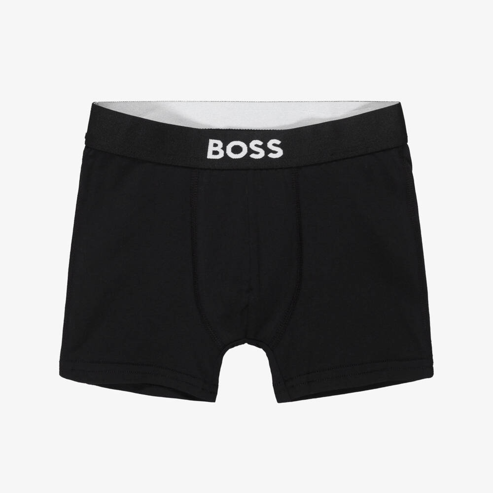 BOSS-Boys Black Cotton Boxer Shorts with Logo Waistband (2 Pack) | Childrensalon