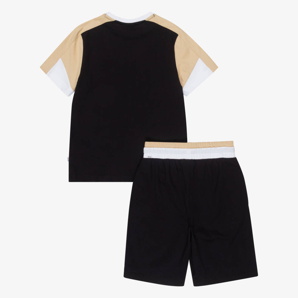 BOSS-Boys Black Cotton Colourblock Shorts Set | Childrensalon