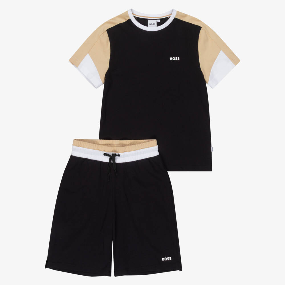 BOSS-Boys Black Cotton Colourblock Shorts Set | Childrensalon
