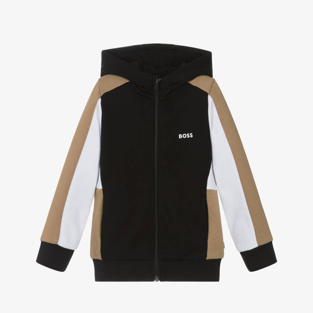 BOSS-Толстовка на молнии черная хлопковая для мальчиков | Childrensalon