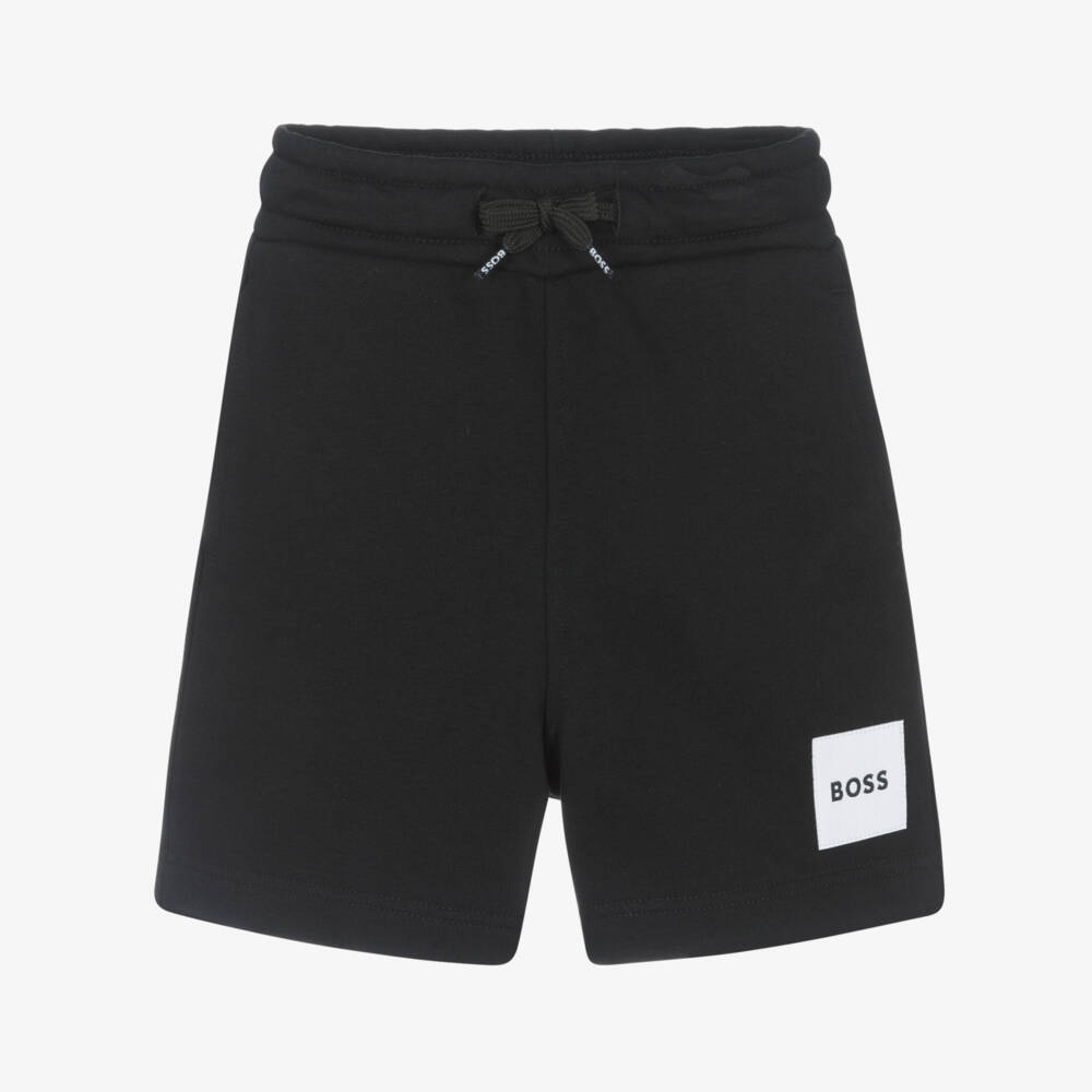 BOSS-Boys Black Cotton Jersey Shorts with Patch Logo | Childrensalon
