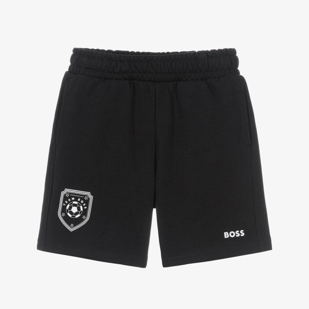 BOSS-شورت قطن جيرسي لون أسود للأولاد | Childrensalon