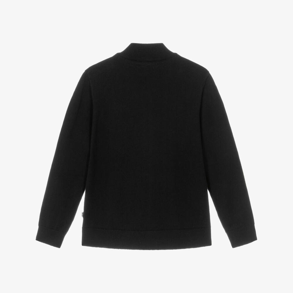 BOSS-Boys Black Cotton Knit Zip-Up Cardigan | Childrensalon