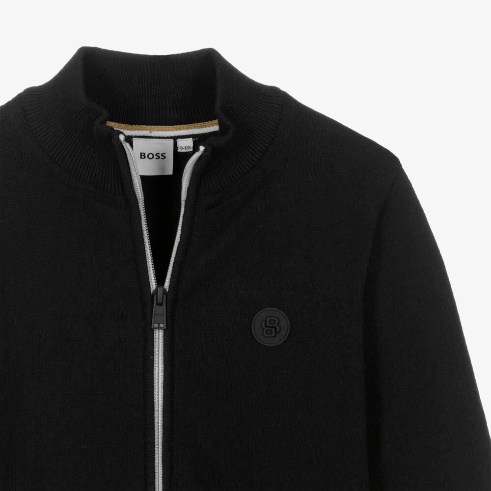 BOSS-Boys Black Cotton Knit Zip-Up Cardigan | Childrensalon