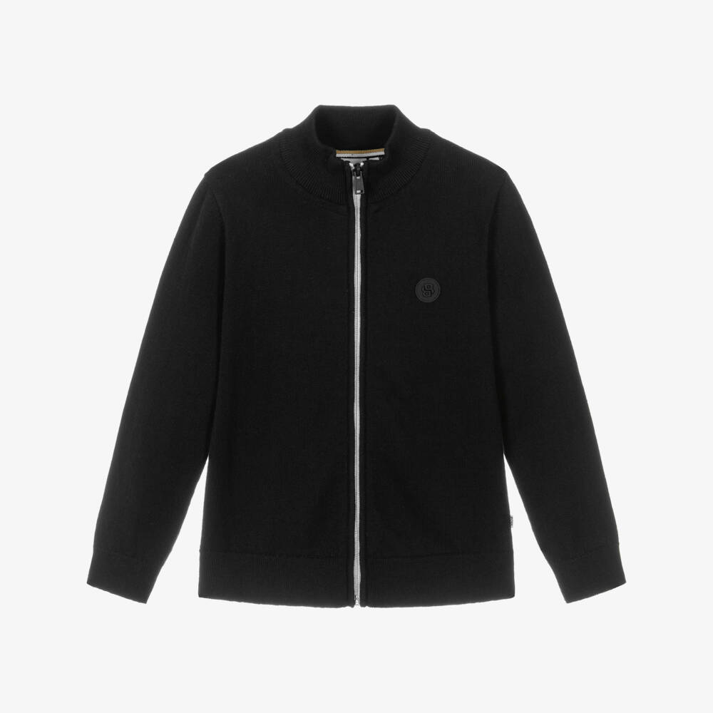 BOSS-Boys Black Cotton Knit Zip-Up Cardigan | Childrensalon
