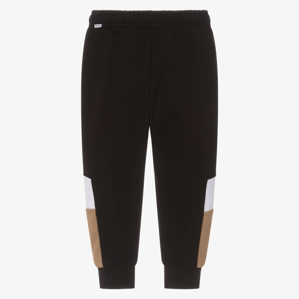 BOSS-Boys Black Cotton Logo Joggers with Colourblock Panels | Childrensalon