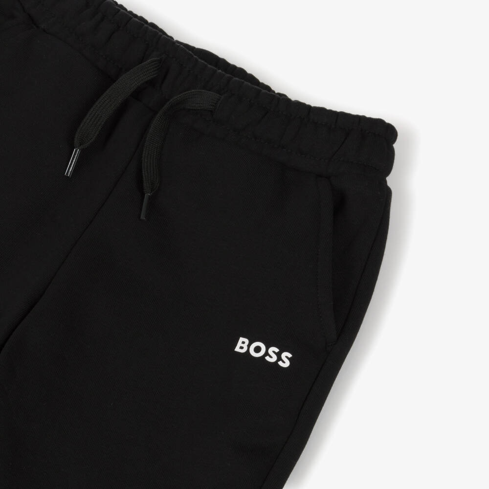 BOSS-Boys Black Cotton Logo Joggers with Colourblock Panels | Childrensalon