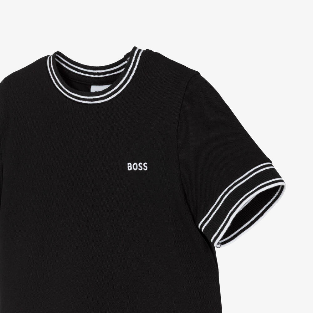 BOSS-Boys Black Cotton Piqué Logo T-Shirt with White Tipping | Childrensalon