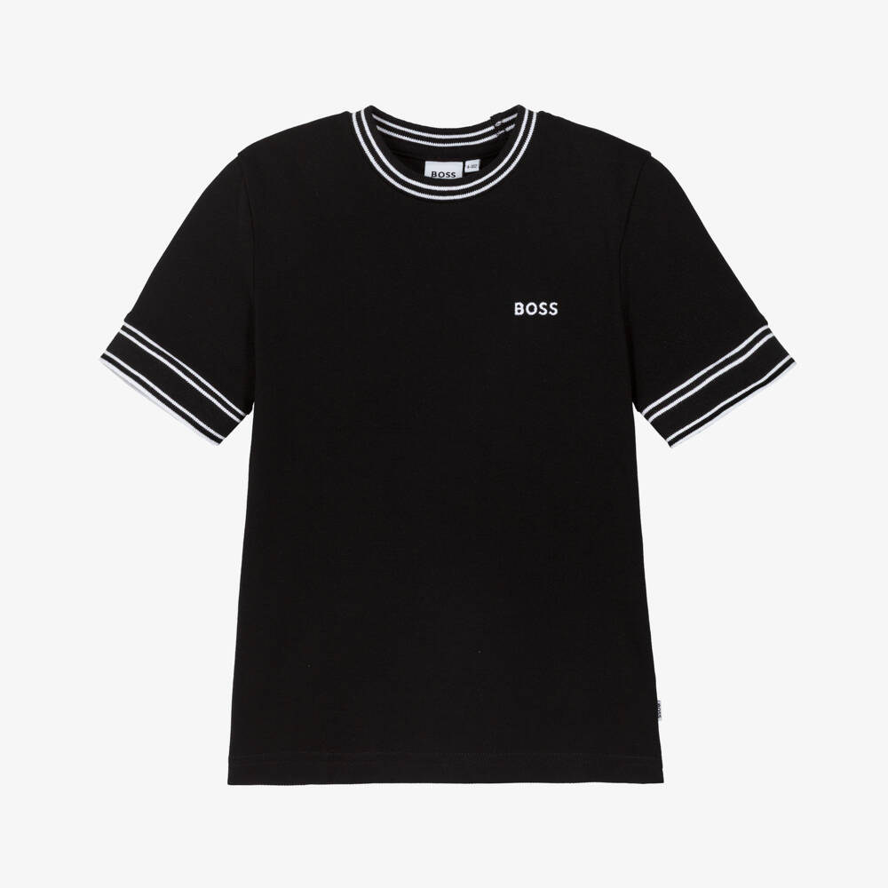 BOSS-Boys Black Cotton Piqué Logo T-Shirt with White Tipping | Childrensalon