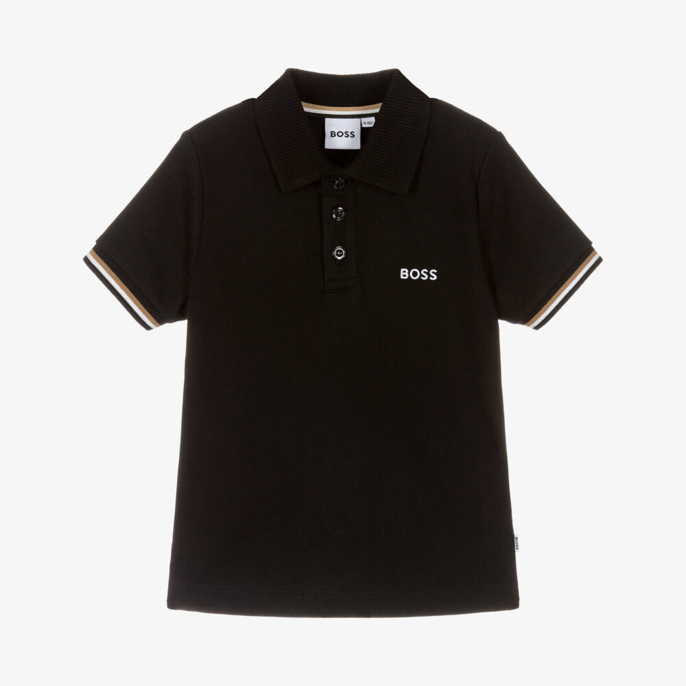 BOSS-Boys Black Cotton Piqué Polo T-Shirt with Embroidered Logo | Childrensalon
