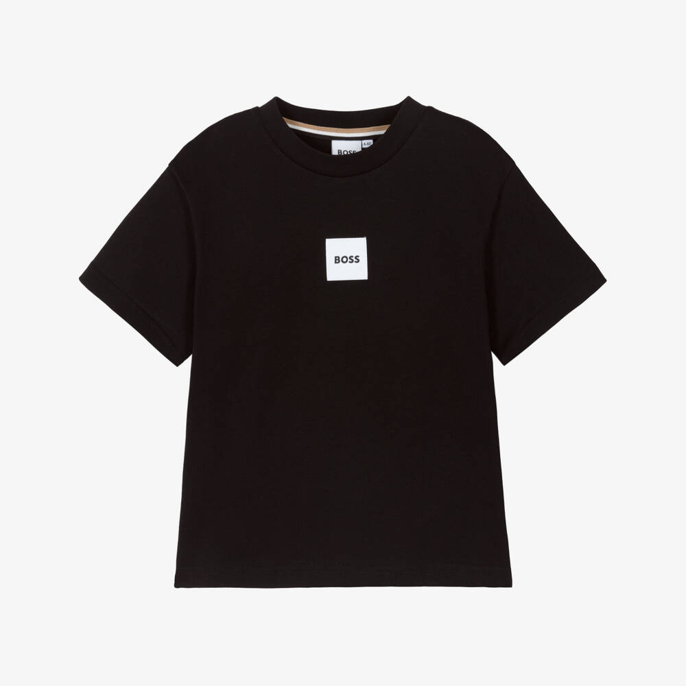 BOSS-Boys Black Cotton T-Shirt with Logo Patch | Childrensalon